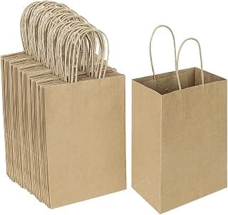 100 Pack 5.25x3.25x8.25 Inch Small Plain Natural Paper Gift Bags with Handles Bulk, Kraft Bags for Birthday Party Favors Grocery Retail Shopping Business Goody Craft Bags Cub (Brown 100 Count)