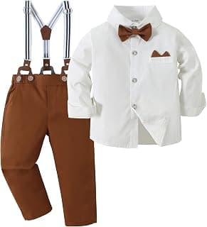 YALLET Toddler Baby Boy Clothes Suit Gentleman Wedding Outfits, Formal Dress Shirt+Bowtie+Vest+Boutonniere+Suspender Pants