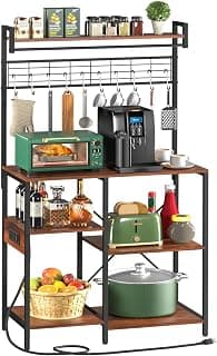 Yoobure Baker's Rack with Power Outlet, Microwave Stand Storage, Kitchen 10 Hooks, Industrial Bakers for Storage Shelf Coffee Bar Station Spices, Pots and Pans Berry Brown