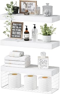 QEEIG White Bathroom Shelves Over Toilet Wall Mounted Floating Shelves Farmhouse Shelf Toilet Paper Holder Small 16 inch Set of 3