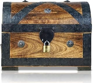 Brynnberg | Pirate Wooden Treasure Chest Box - Pirat M 9.5''x6.3''x5.3'' - Durable Wooden Treasure Chest with Lock - Decorative Wood Storage Box - Vintage Wood Chest