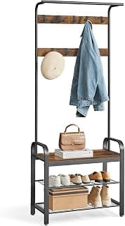 VASAGLE Coat Rack, Hall Tree with Shoe Bench for Entryway, Entryway Bench with Coat Rack, 4-in-1, with 9 Removable Hooks, a Hanging Rod, 13.3 x 28.3 x 72.1 Inches, Rustic Brown and Black UHSR40B