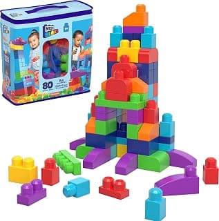 MEGA BLOKS Fisher-Price Toddler Block Toys, Big Building Bag with 80 Pieces and Storage Bag, Blue, Gift Ideas for Kids Age 1+ Years