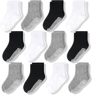 CozyWay Baby Anti Slip Crew Socks 12 Pairs with Grips for Toddlers Little Boys Girls Infants Kids Non Skid