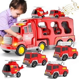 iHaHa Fire Truck Toys for 1 2 3 4 5 6 Years Old Boys Toddler, 5 in 1 Kids Carrier Toy Birt