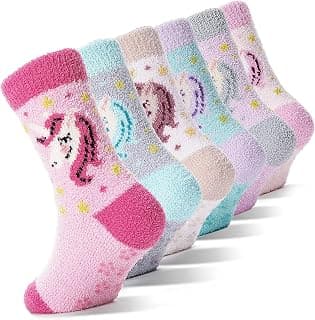 Girls Kids Toddler Fuzzy Socks with Grips Non Slip Slipper Socks Crew Cabin Cozy Fluffy Hospital Warm Winter Socks 6 Pairs
