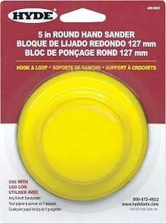 Hyde Ultimate 5" Round Hand Sander - Hook and Loop Design Ensures Fast, Quick Changes of Sandpaper Pads and Maximum Holding, 5 Sheets of Sandpaper 4 Different Grits-Included, Multi Surfaces & Crafts