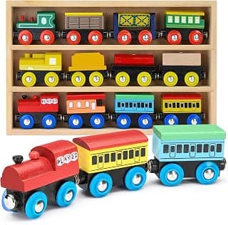 Wooden Train Set 12 PCS - Train Toys Magnetic Set Includes 3 Engines - Toy Train Sets For 