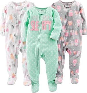 Toddlers and Baby Girls' Loose-Fit Flame Resistant Fleece Footed Pajamas, Pack of 3